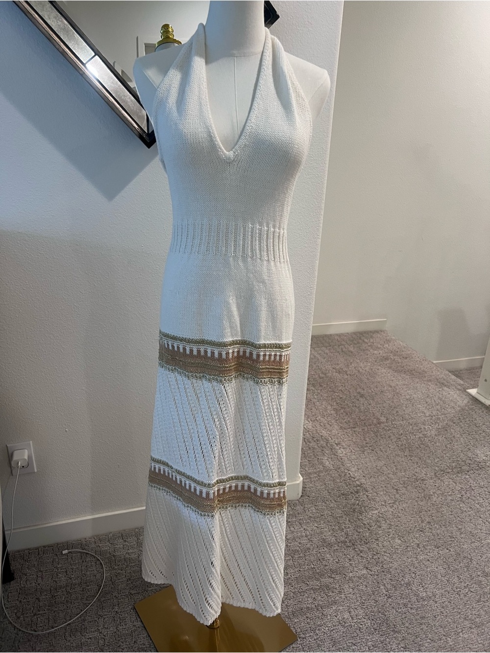Ramy Brook White Knit Halter Maxi with Taupe Bands